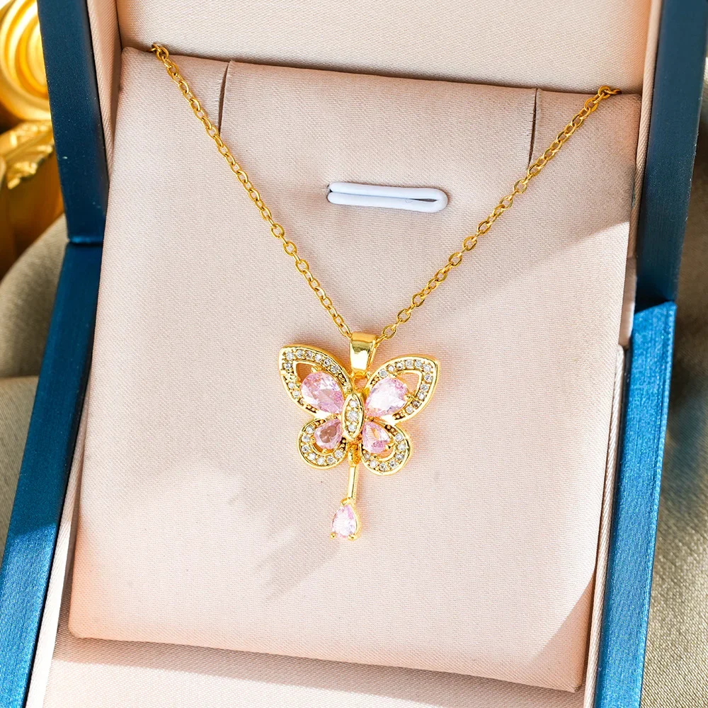 

This fashionable and simple copper zirconia butterfly titanium steel necklace is exquisite and versatile, perfect for women