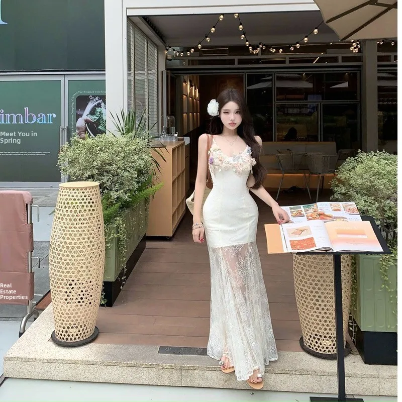 Rete in pizzo ricamato pesante Puro desiderio Vacanza Lungo Dr Estate Nuovo Sle Bellissimo Strapl Dr Coreano Sle Vita alta