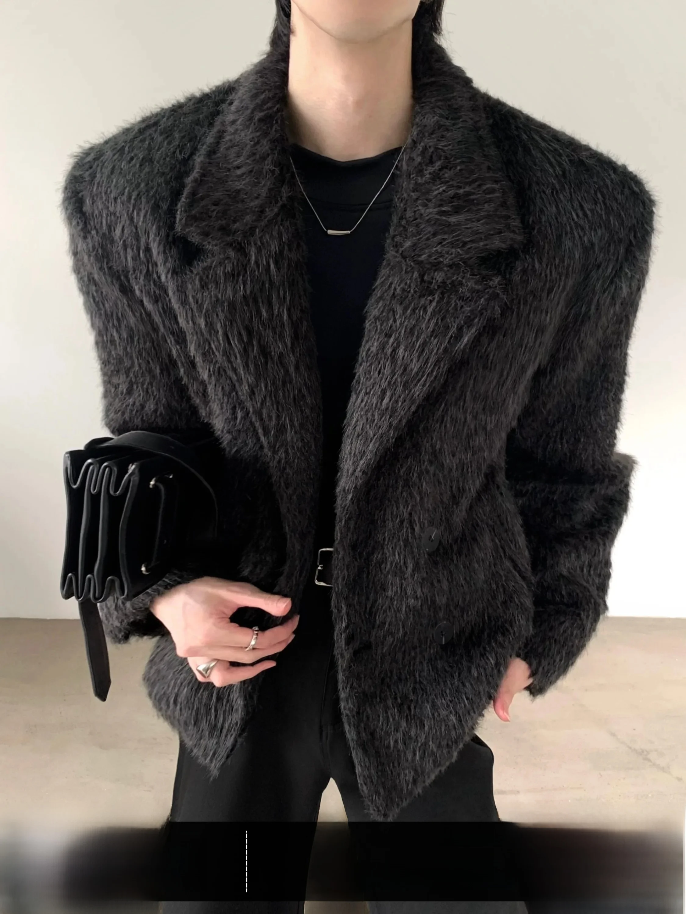 Fashionable Autumn Mountain Wind Deep Grey Woolen Jacket Men's Winter Shoulder Pad Suit Jacket Cotton Short Coat Warmth Youth...