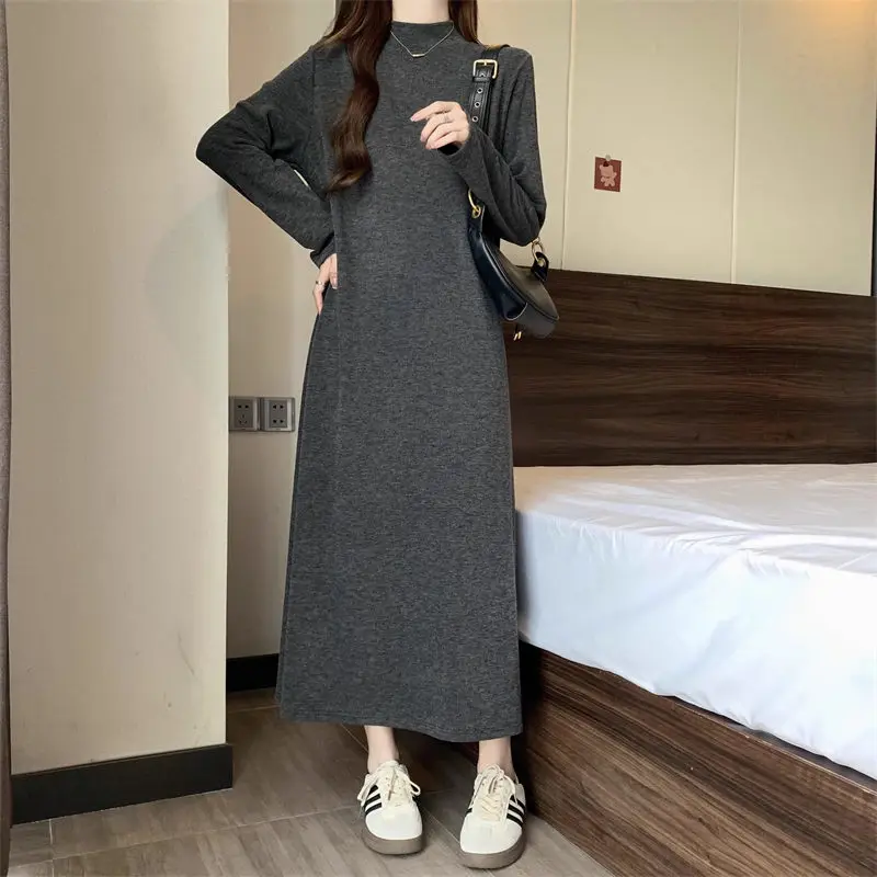 Large Size Solid Color Half High Long Sleeved Knitted Dress 2024 Spring Autumn Women\'s New Lazy Style Loose Sweater Dress Z4479