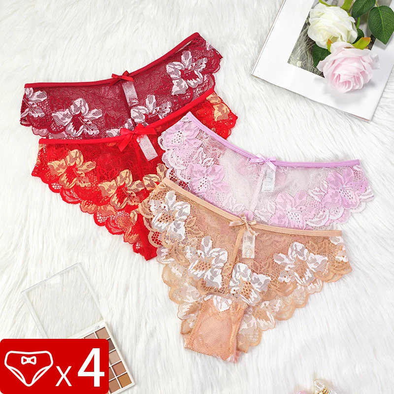 4pcs/Set Plus Size Lace Embroidery Briefs Perspective Floral Sexy Women Panties Mid Waist Breathable Hollow Out Underpants S-XL