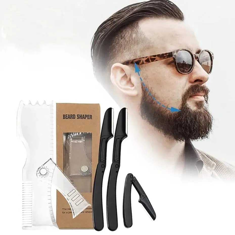 Adjustable Beard Shaper Comb Kit, Razors, Complete Shaping, Styling Tool, Stencil, Guide Template, Barber, 3Pcs