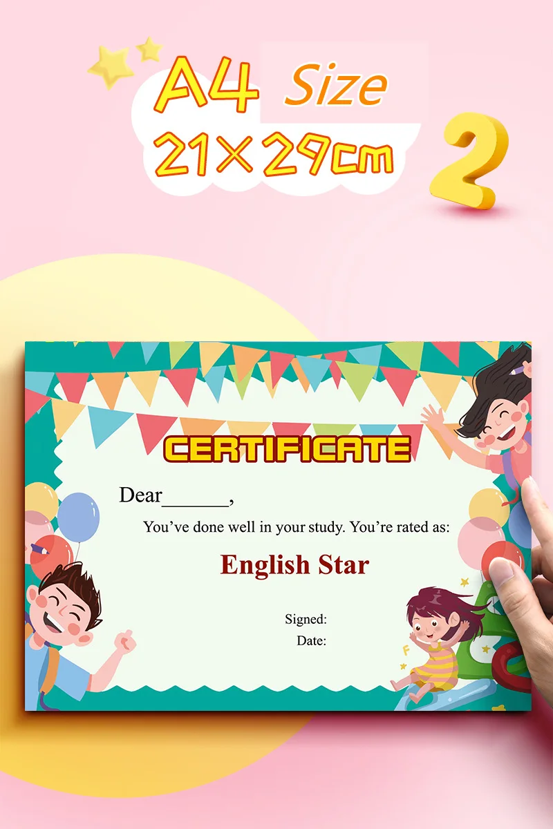 Kids Certificate Paper English Learning Rewards A4 A5 Big Size Honorary Award Credentials For Students Classroom Management 50pc