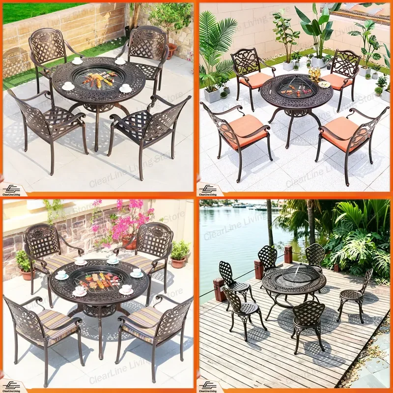 Cast Aluminum Outdoor Dining Table and Chairs Set Dual Purpose BBQ Table for Courtyard Garden Camping Activities