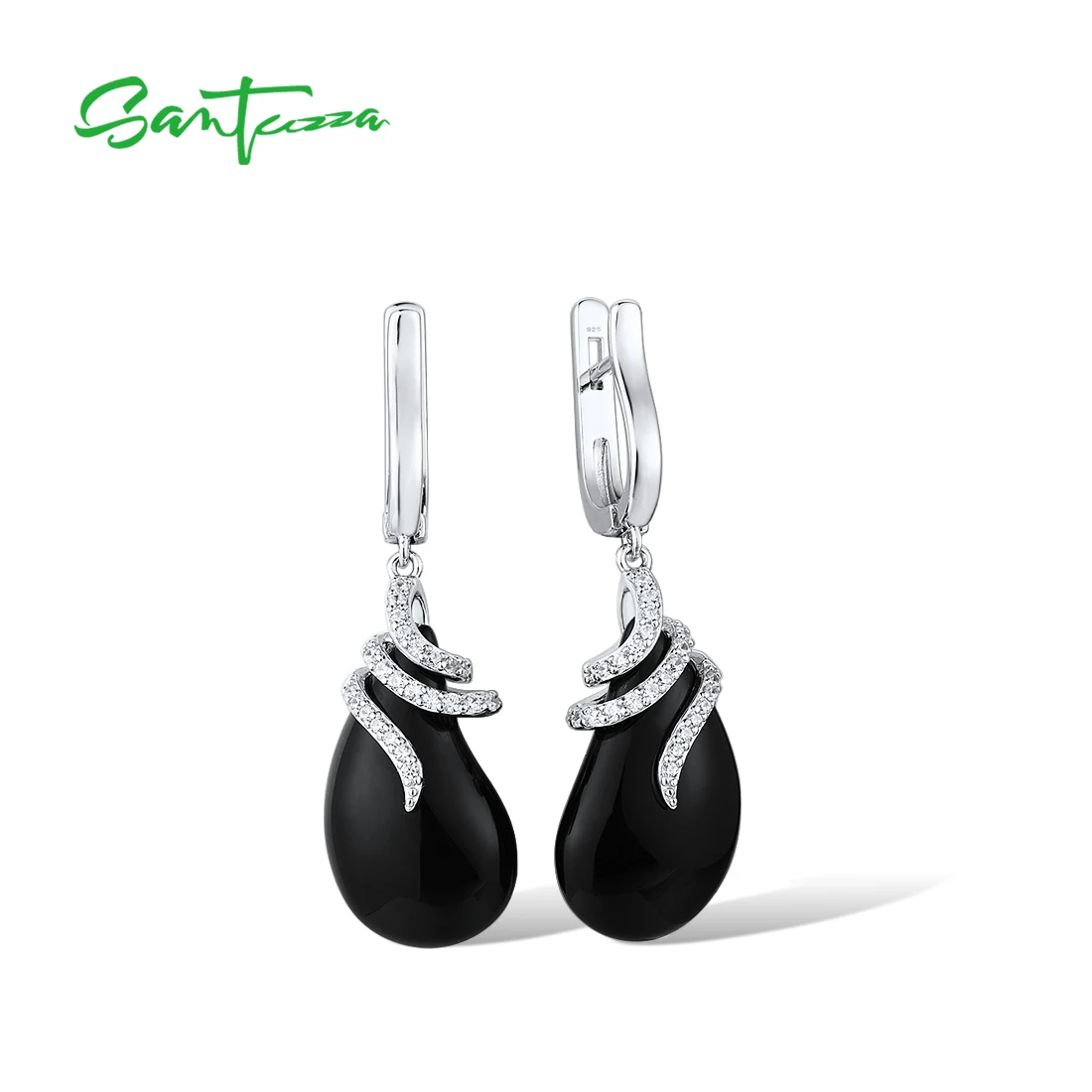 SANTUZZA Pure 925 Sterling Silver Earrings For Women Sparkling White Cubic Zirconia Black Ceramic Trendy серьги Fine Jewelry