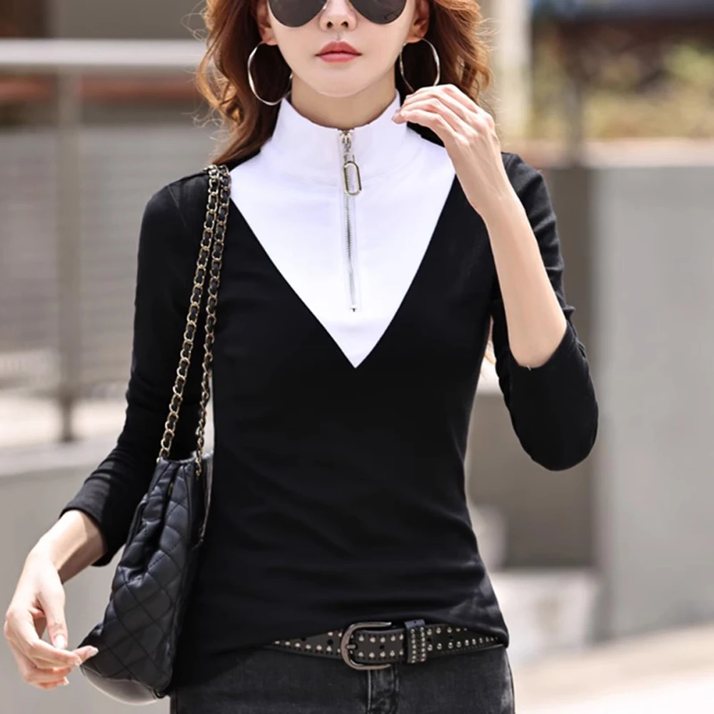 European Station Long sleeved T-shirt Women\'s Spring and Autumn New Fashion Light Luxury Splicing Large Casual Polo Neck Top