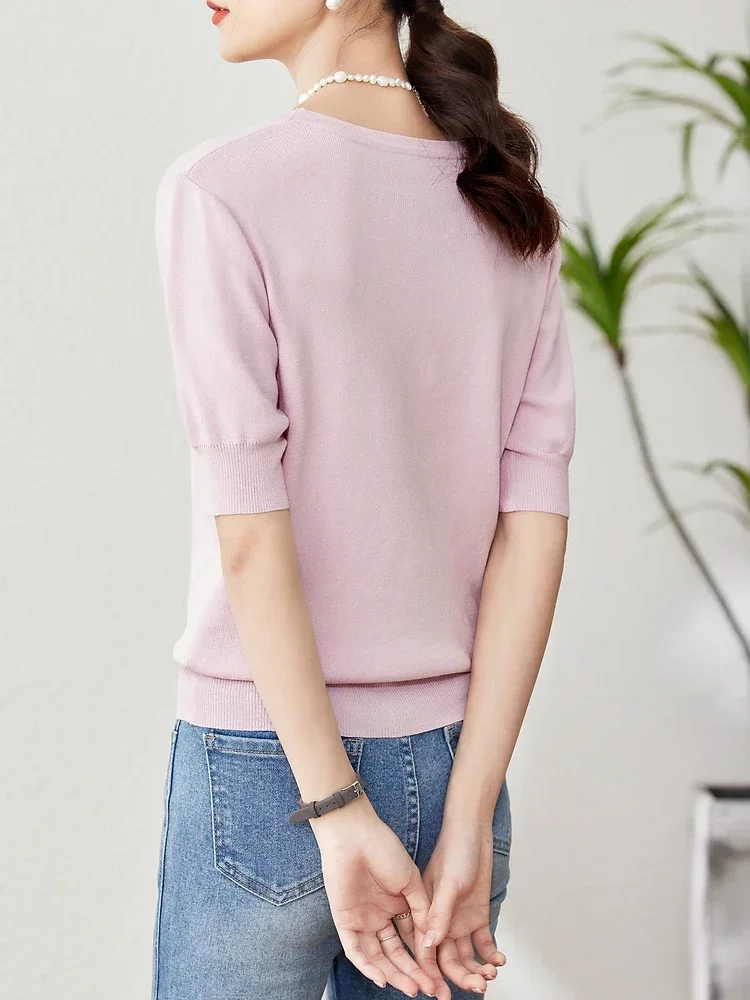 Vimly Summer Square Collar Knit Sweater for Women 2023 Pullover Short Puff Sleeve High Strecth Elegant Womens Knitwear Clothes