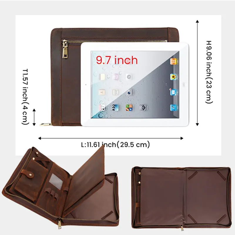 Maletín de cuero genuino con cremallera para hombre, carpeta Retro, sin negocio Padfolio para Ipad/a6 de 9,7 pulgadas, organizador de cuaderno para