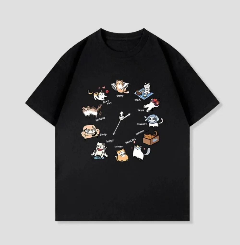 Versatile Cute Cat Daily Life Short-sleeved Printed T-shirt Unisex Kawaii Kitten Collection Graphic Casual Streetwear Y2k Tops