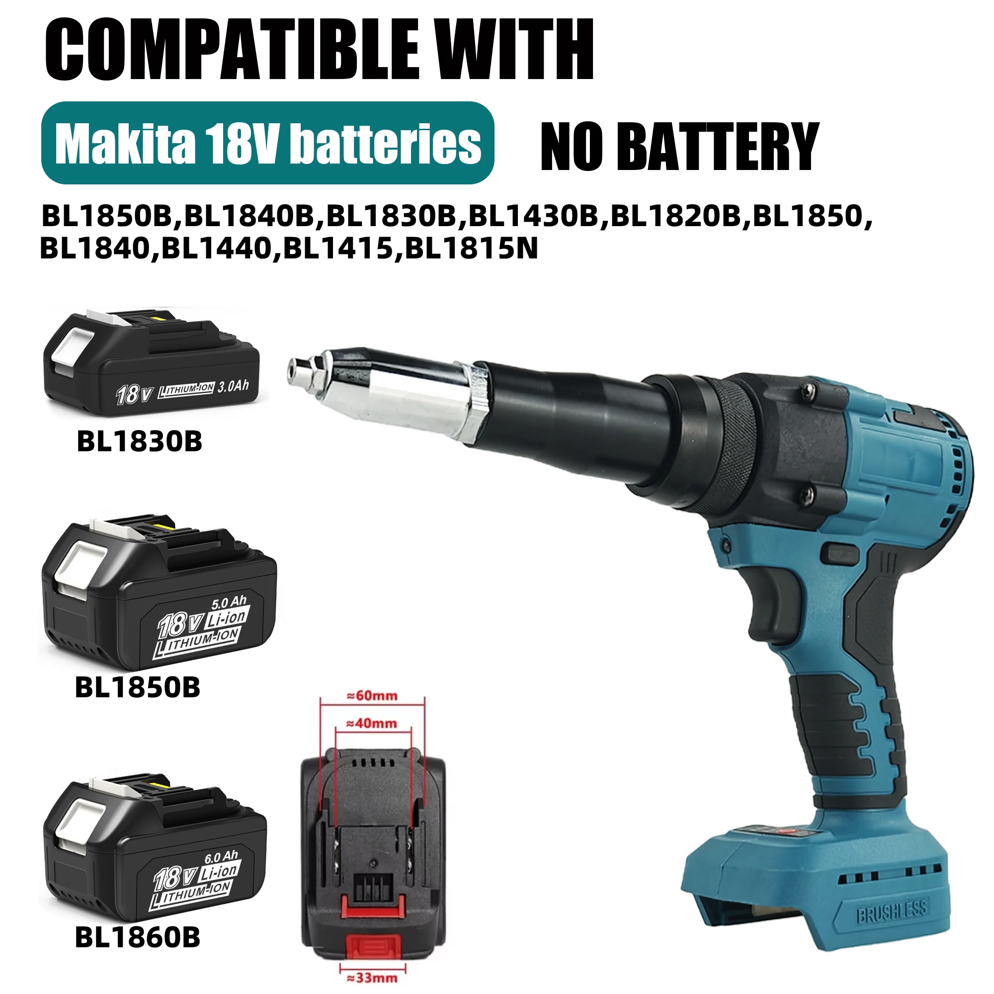 Brushless Electric Rivet Gun 2.4mm-4.8mm Automatic Riveter Rivet Hand Tool with LED Light (Batteries not included)