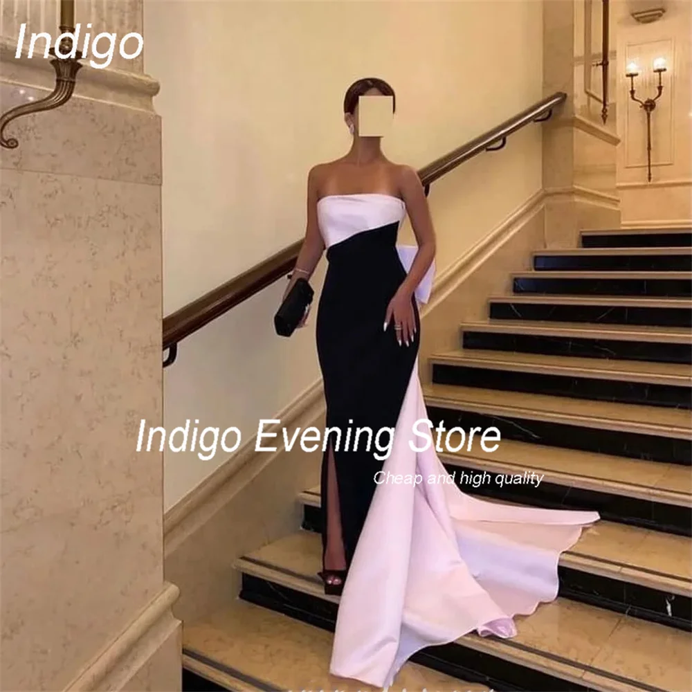 

Indigo Elegant Evening Dress Mermaid Strapless Open Back Pleat Bow Satin Woman Slit Custom Party Prom Gown Formal فساتين السهرة