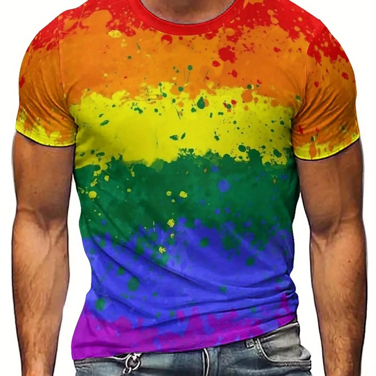 Camiseta de manga corta con estampado 3D de arcoíris para hombre en estilo europeo y americano Con estilo étnico, perfecta para vacaciones