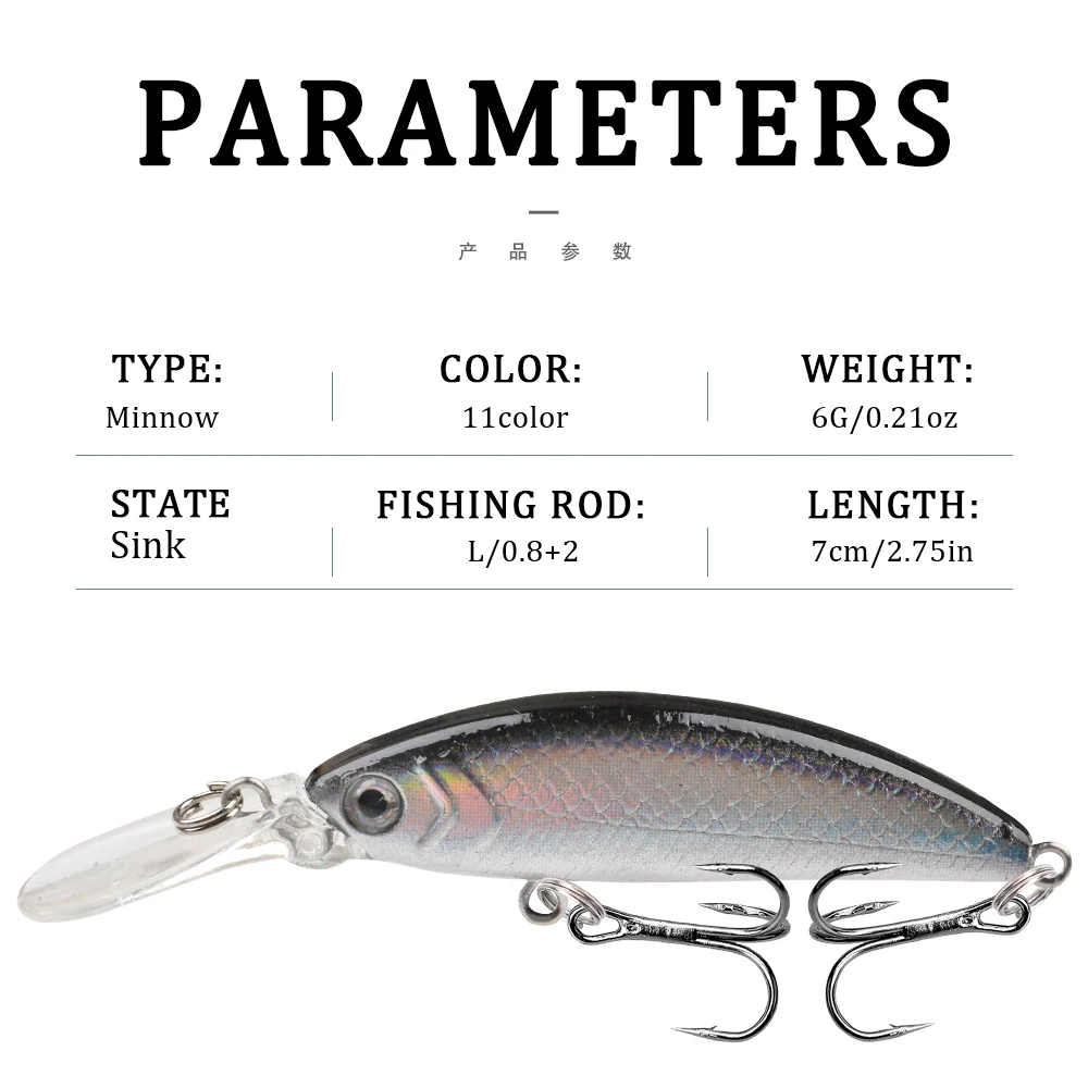 1 Uds señuelo de Pesca Minnow 7cm 6g hundimiento Crankbait cebo duro Wobblers Artificial Lucio carpa Swimbait Pesca para Lucio trucha - imagen 3