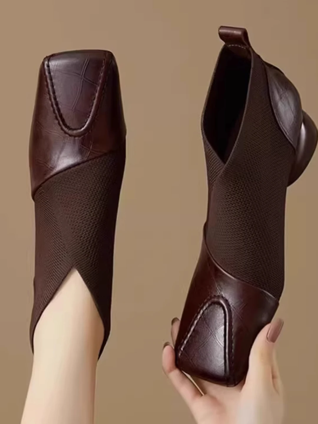 

Ultra Soft Leather Deep Mouth Women's Spring Autumn Square Head Medium Heel Booties Elastic Woolen Mouth ort Ankle Boots