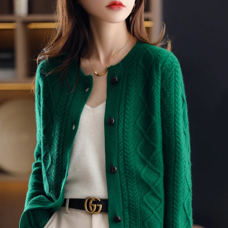 Ladies 100%Cashmere Cardigan O-Neck New Large Size Coat Knit Twist Base Shirts 2022 Spring Wild Thick Wool Sweater Women Jacket