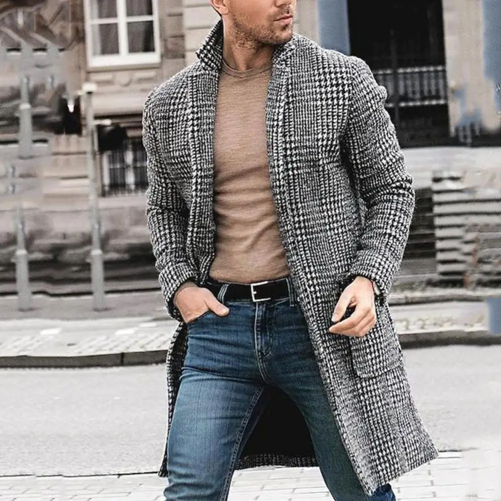 

Warm Autumn Slim Lapel Streetwear Men Vintage Cardigan Plaid Woolen Coat Winter Long Collar Midi collar coats cotton trench coat