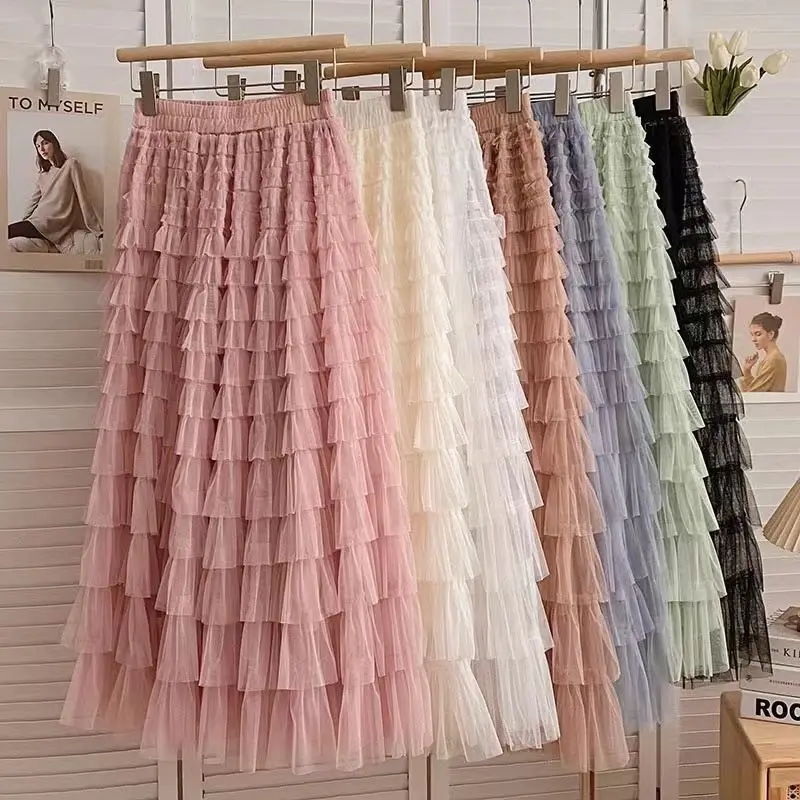

plus Size Women's Long Tulle Skirt High Waist A-Line Cake Skirt Aosphere Sense 200 Pou Commute Korean Sle Polyester Fiber