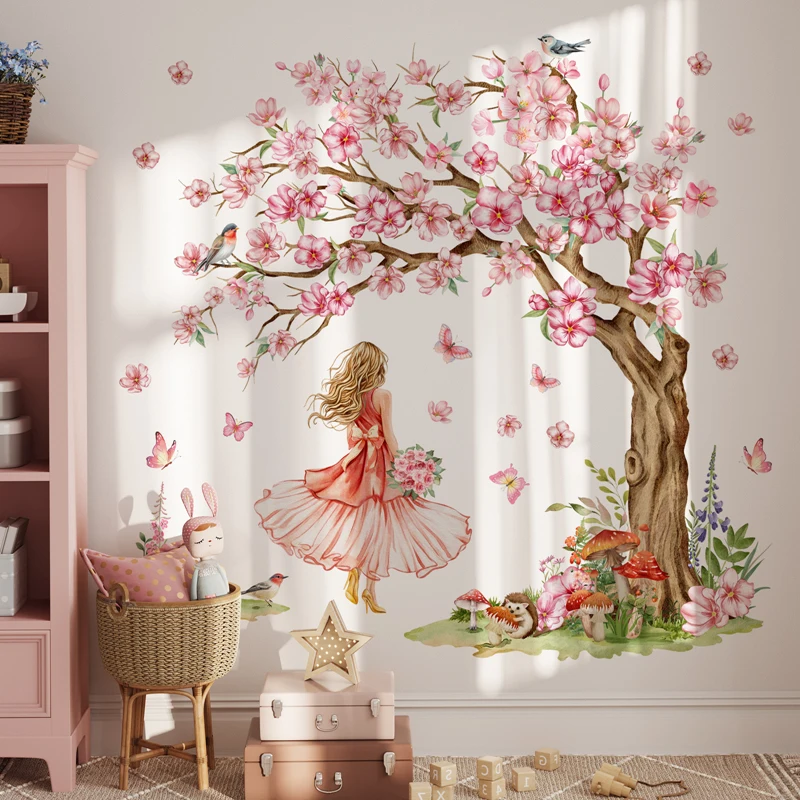Big Ancient Tree Dancing Little Girl Wall Decals Pink Flowers Butterfly Vinyl Stickers for Aesthetic Rooms Porch Home Decoration