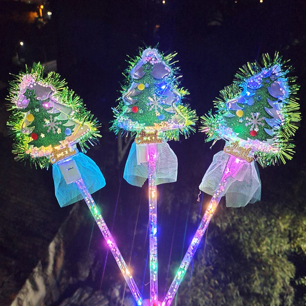 LED Glowing Toy Stick Christmas Tree Shape Plastic Glowing Fairy Stick Flashing Cheer Wands Color Luminous Prop Xmas Party Decor