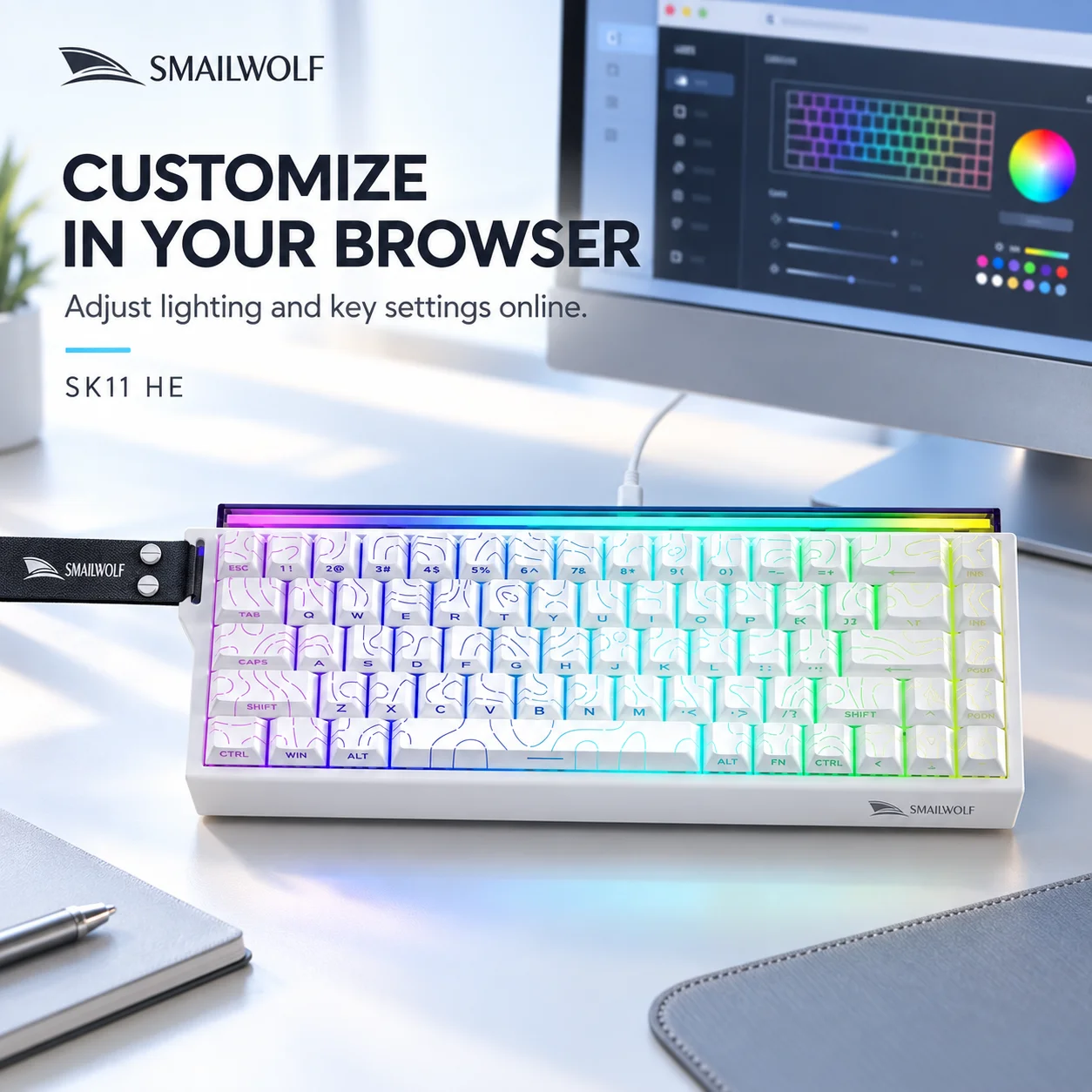 SMAILWOLF SK11 Magnetic Switch Gaming Keyboard, RGB Light, 8K Polling Rate, 0.25ms Low Latency, Ribbon Design E-sports Keyboard
