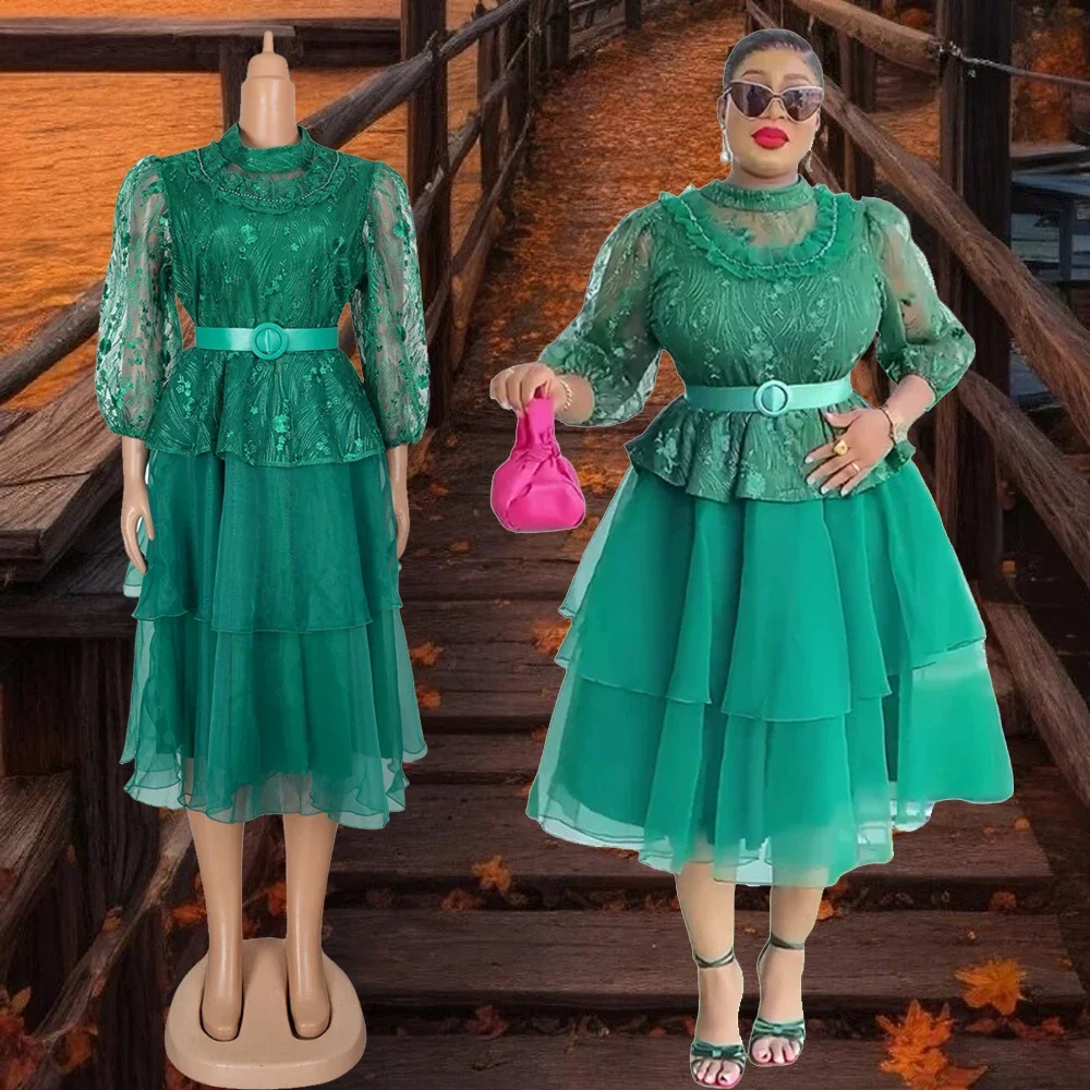 

New Plus Size Women African Clothing Fashion Mesh Puffy Evening Dress Ankara Dashiki Turkey Kaftan Dubai Abaya Wedding Dresses