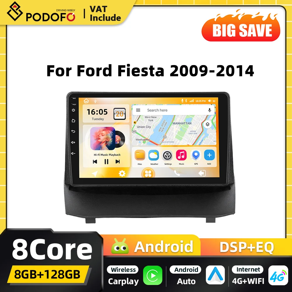 Autoradio Android 2DIN Podofo con AI Voice Carplay per Ford Fiesta 2009-2014, Sistema Intelligente GPS WIFI FM RDS BT