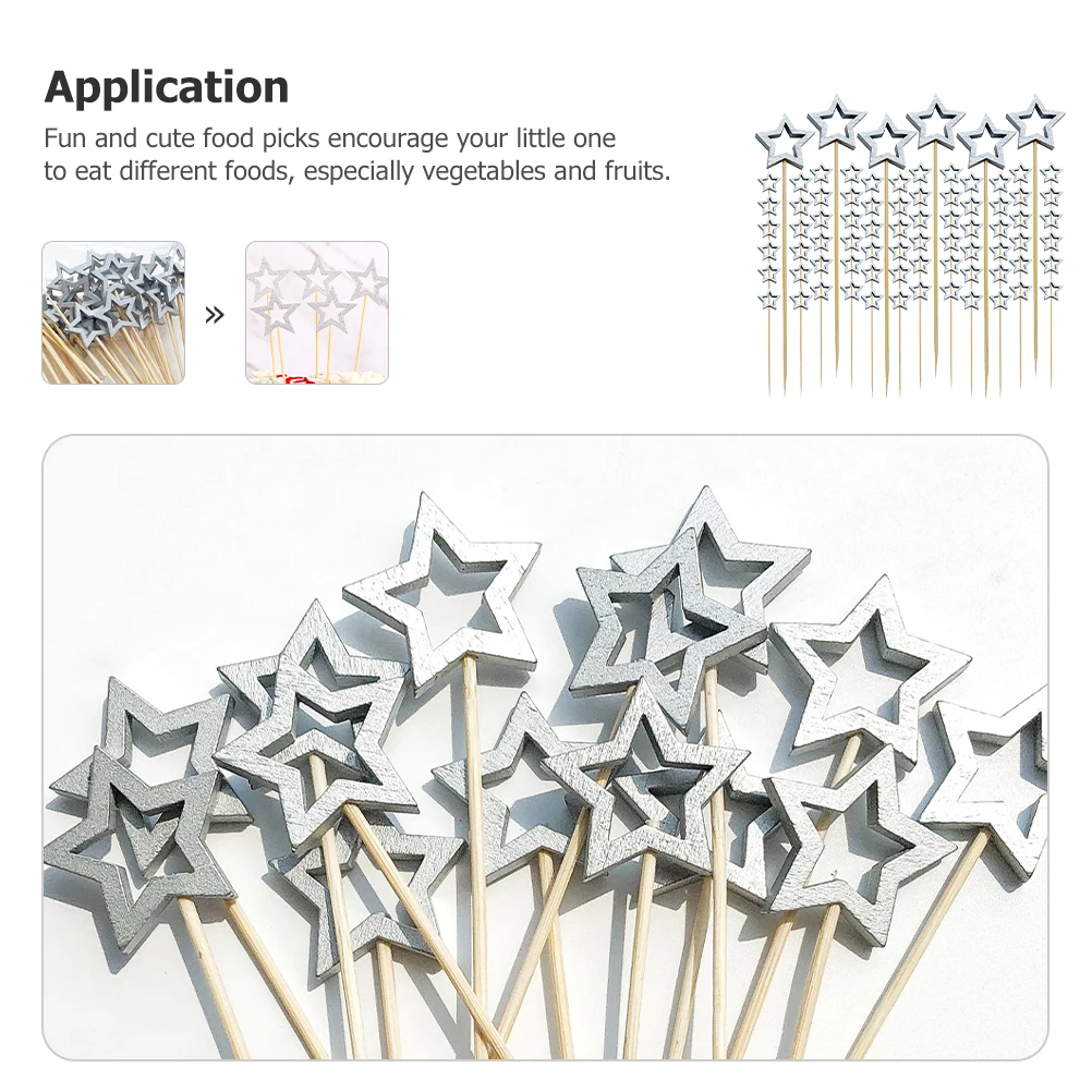 

100pcs Christmas Star Bamboo Picks for Fruit Appetizers Cake Decor Silver Hollow Party Supplies Home Bar Tools