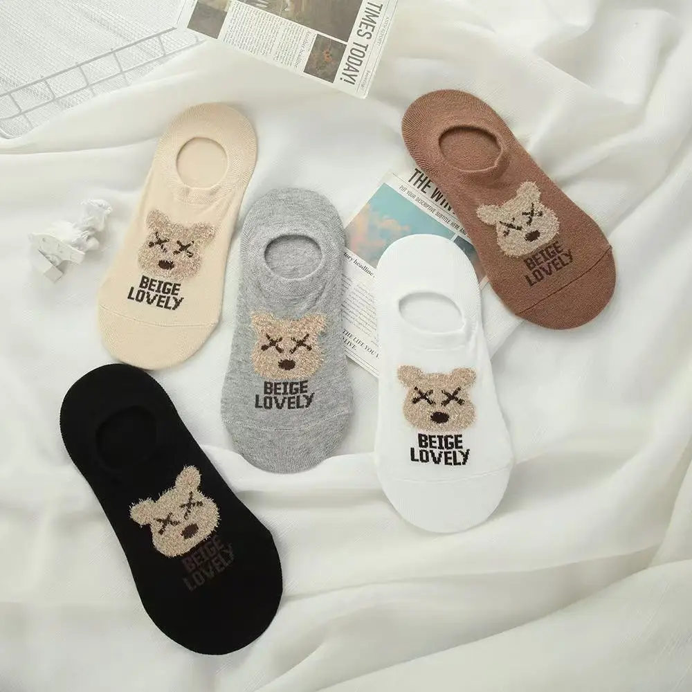 1Pairs New Trendy Cute Invisible Socks Bear Socks Women's Summer Thin Boat Socks Low-cut Shallow Non-slip Heel Short Socks