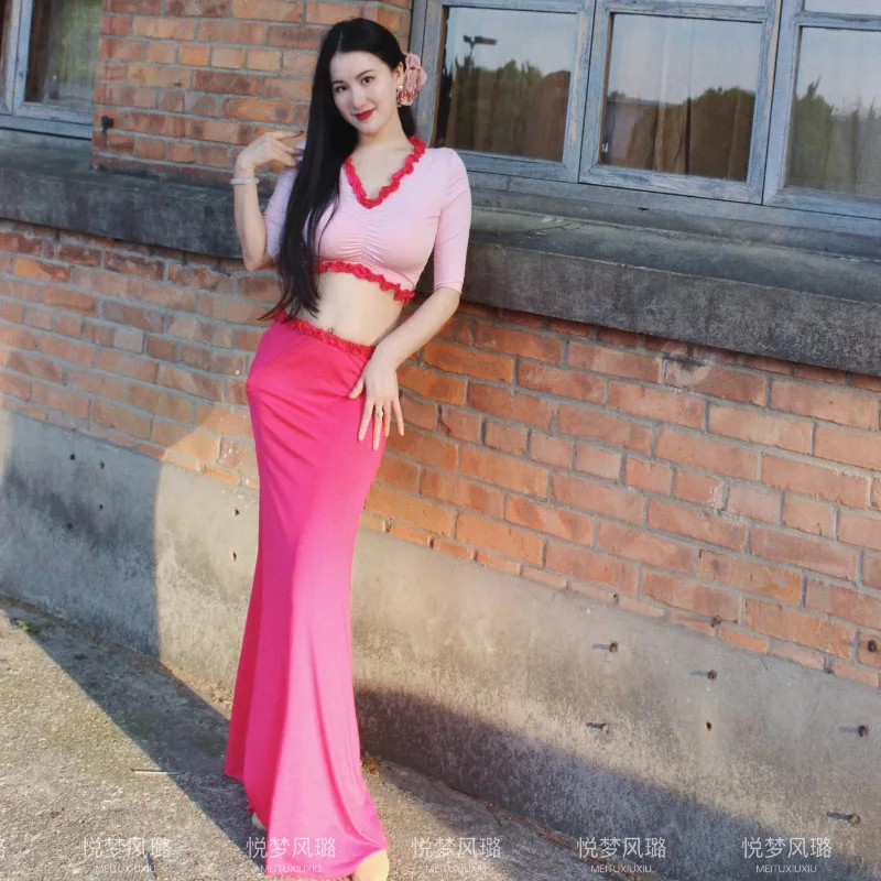 Customized Belly Dance Costumes New Set Performance Dress Class Clothes Sexy Temperament Practice Dress Pink Fish Tail Skirt