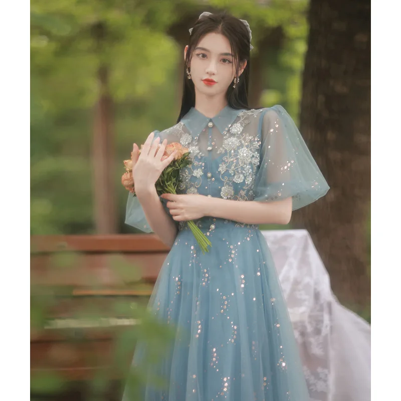 

Elegant Blue Women Prom Dress Exquisite Applique Sequins Tulle Long Ball Gowns Wedding Party Bridesmaid Dress