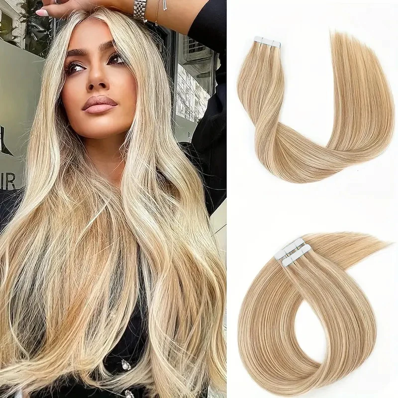 PU Tape in Hair Extensions Human Hair Straight Wave for Black Women 22Inch p27-613-60A Tape ins Hair Extensions Virgin Hair