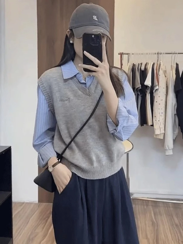 

Fake Two Striped Patchwork Knitted Sweater Long Sleeved Shirt Women's New Casual Versatile Pullover Sweater Layered Sweater