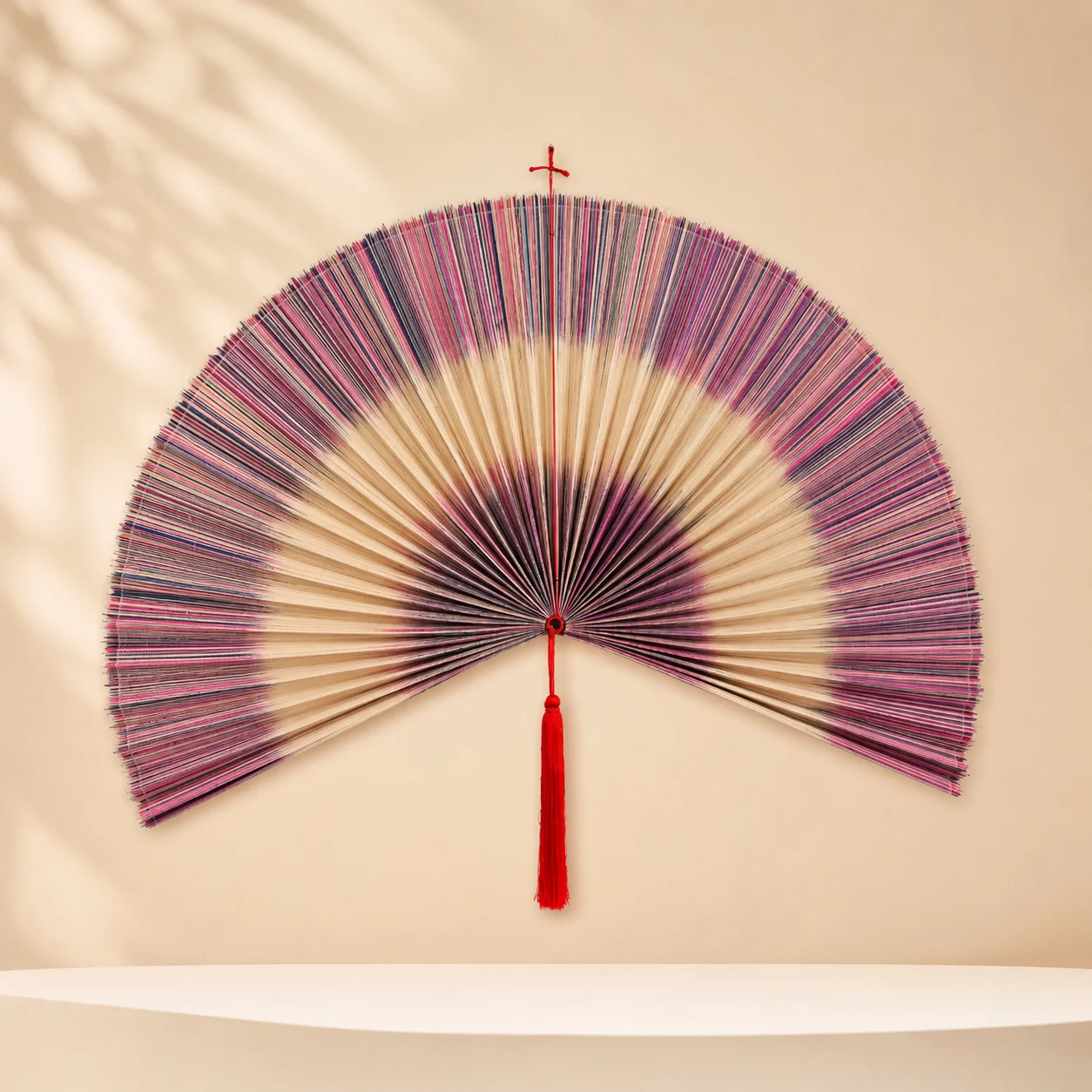 Vibrant Gradient Bamboo Wall Fan Art Decor Oriental Handcrafted Hanging Fan With Red Tassel Boho Bedroom Living Wall Decoration