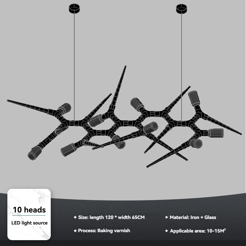 Moderne artistieke takkenvormige kroonluchter voor de eetkamer, zwart ijzer glas LED hanglamp, luxe hanglamp voor keukeneiland