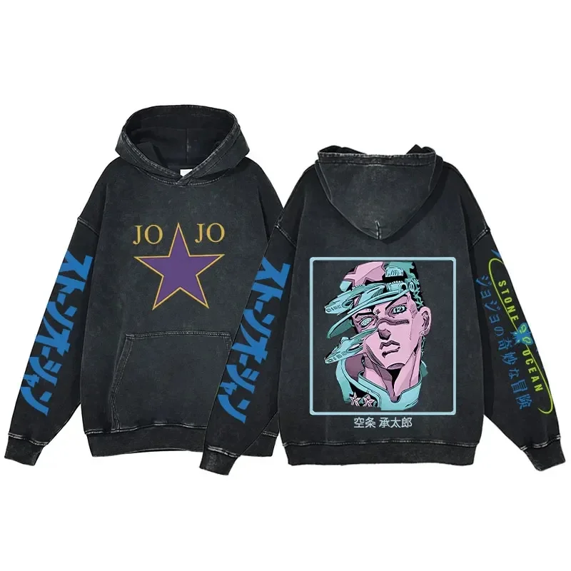 أنيمي هوديس للرجال النساء خمر حمض غسل البلوز القمم مقنعين البلوز مع جيب الكنغر عادية Harajuku الشارع الشهير #1