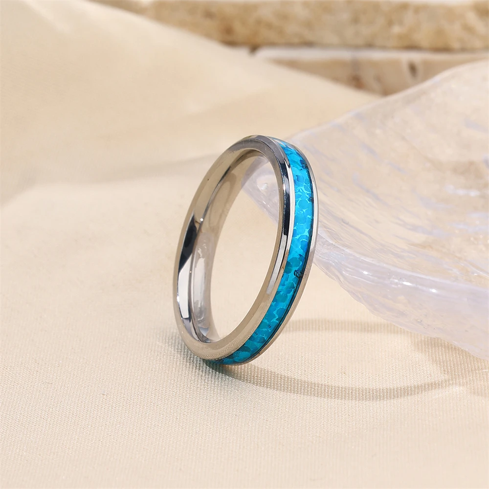 Elegant Blue Opal Rings For Women Men Minimalist Stainless Steel Party Wedding Rings Simple Fashion Jewelry Girls Gift 2024