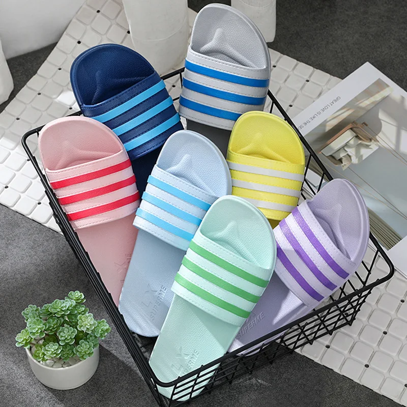 Unisex Slippers Women New Colorful Striped Slippers Men Size 36-45 Couple Beach Sandals PVC Non-slip Flat Home Bathroom Slippers