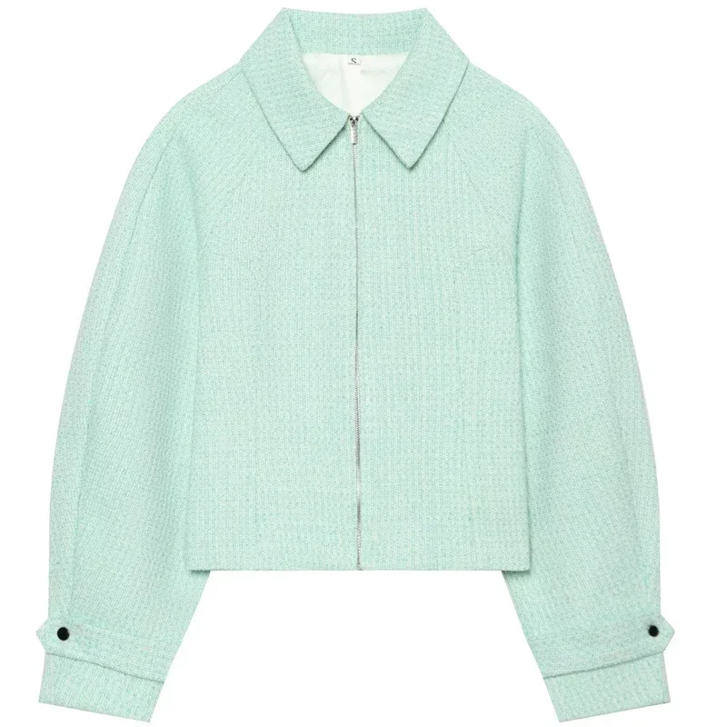 Green Crop Mint Tweed Blazer Women's Blazer Autumn 2026 Office Style Fitted Zip-Up Long Sleeve Jacket Chic And Elegant Suit