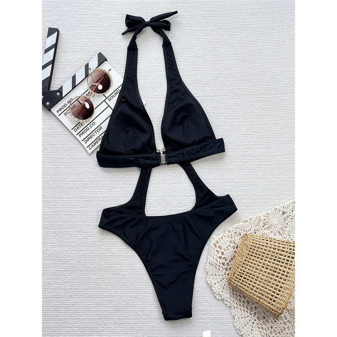 Sexy Badeanzug mit Ausschnitt am Bauch, Neckholder, rückenfrei, einteilig, Damen-Bademode, Monokini mit hohem Beinausschnitt, Badeanzug, Badebekleidung, V5883 – Detail 10