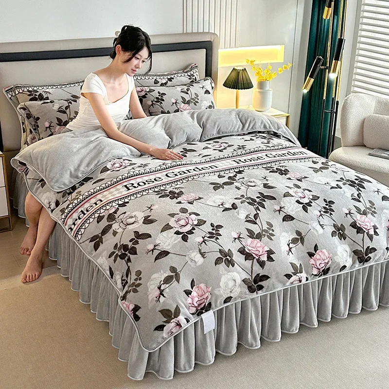 Orange Flower Pattern Four-piece Set Winter Soft Warm Double-sided Velvet Bed Skirt Bedding Bedroom Large Size Duvet Covers