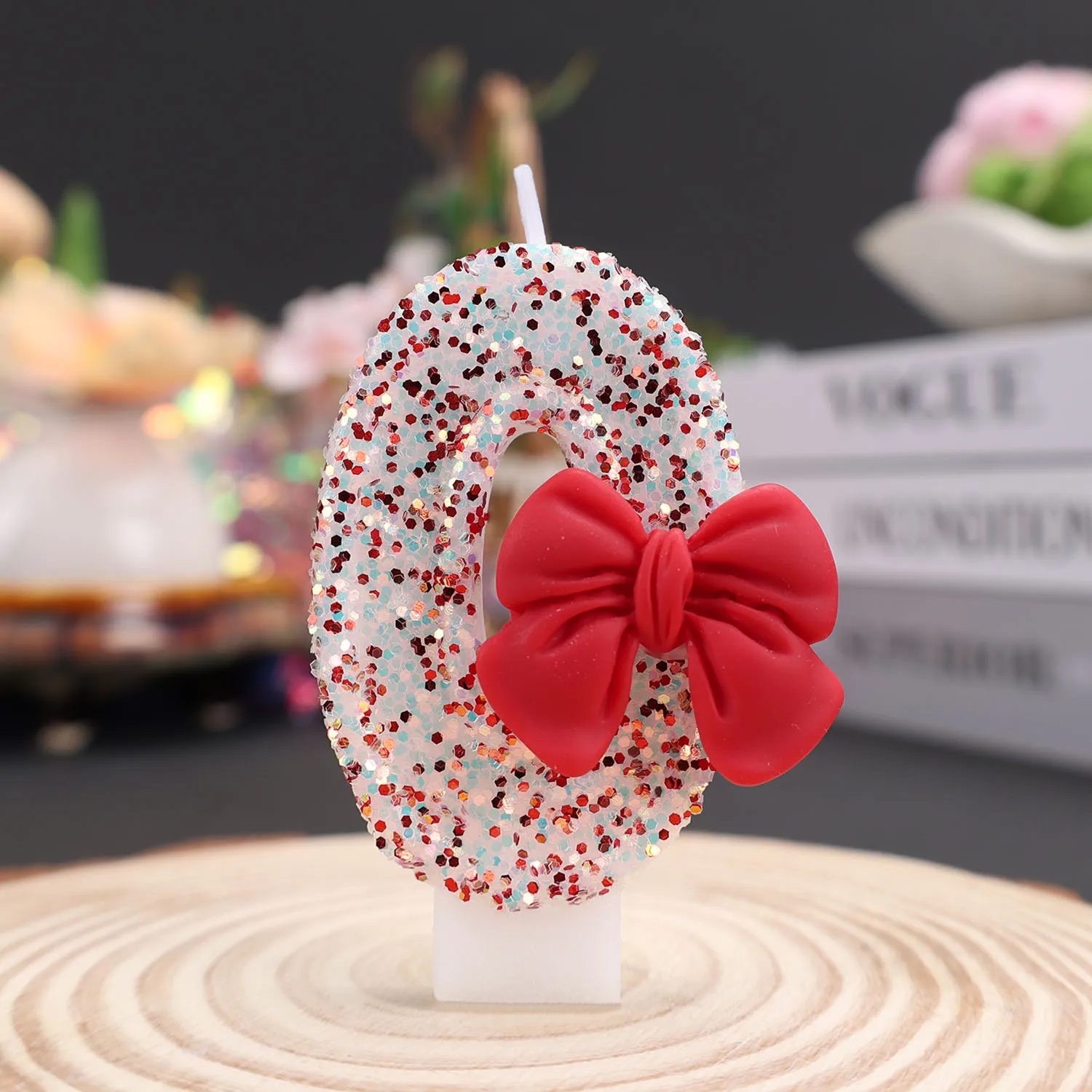 Vintage red bow-shaped number candles, transparent base multi-color candles, holiday anniversary candles, party small gifts