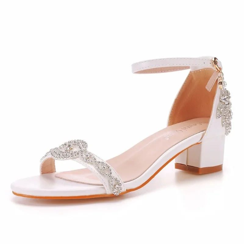 New Sexy Pumps Sandal Wedding Rhinestone Buckle Strap PU 4CM Square Heel Fashion Party Women Women Dress Shoe White High Quality