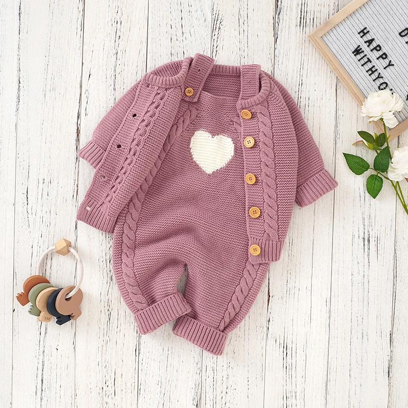 Newborn Baby Clothes Set Knitted Toddler Girl Kid Top +Romper 2PC Infant Boy Long Sleeve Coat +Sleeveless Jumpsuit Fashion Solid