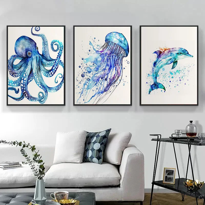 Sea Animal Angler Fish Octopus Dolphin Jellyfish Puffer Watercolor Poster Wall Art Pictures Canvas Painting Room Home Decor Gift