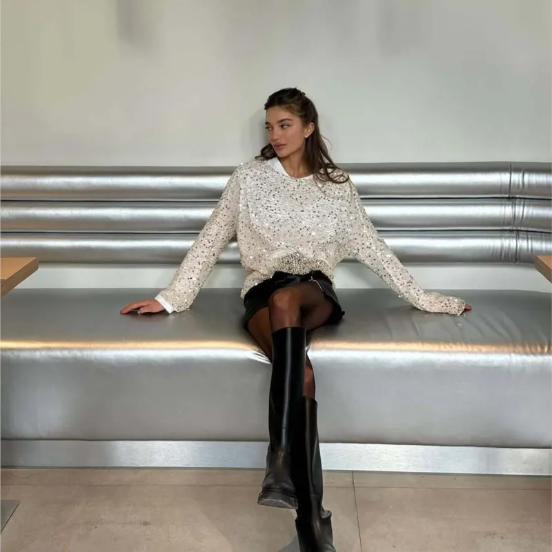 Fashion Sexy See Through Hollow Out Shiny Tops Women Round Neck Loose Sequins Glitter Pullover Hot Chick Chic Sequins Outfits