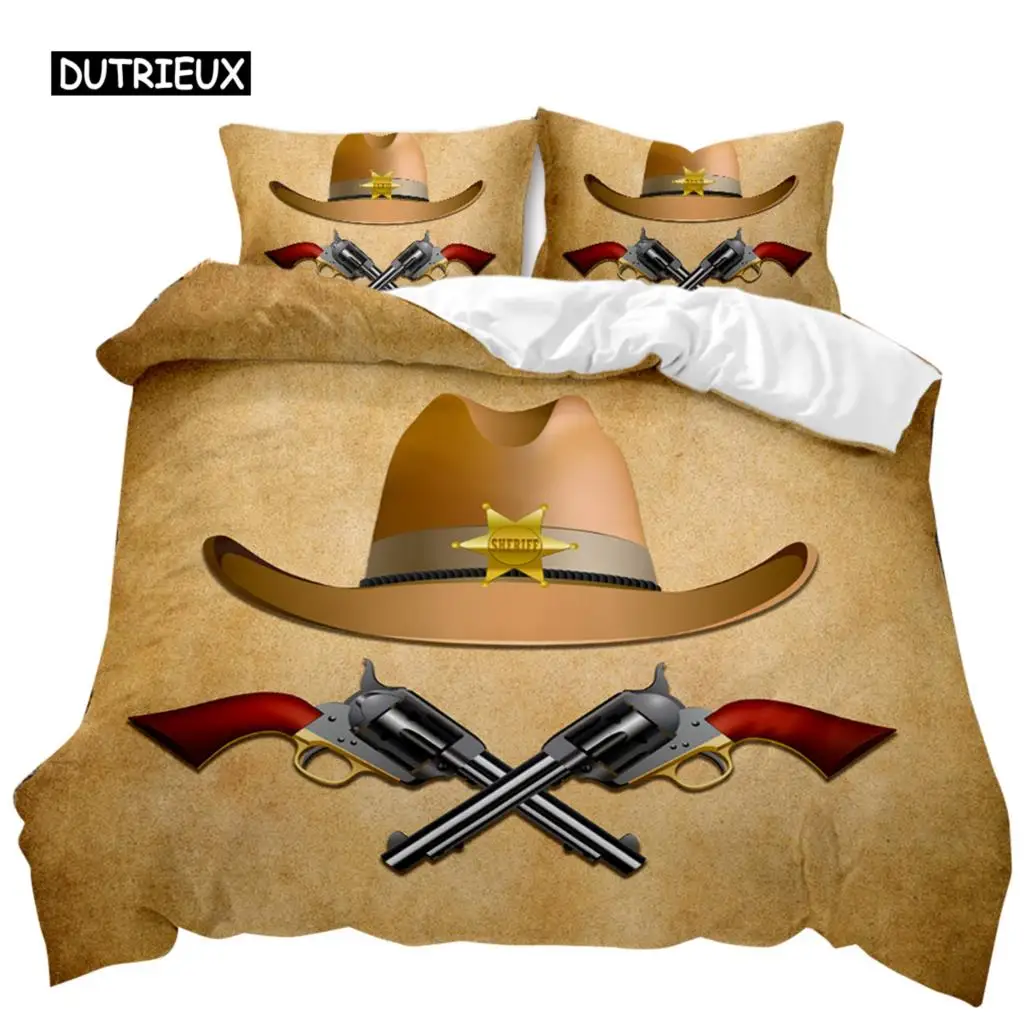 Western Cowboy Duvet Cover Teens Wild West Themed Cowboy Hat and Gun Western Style Double Queen King Size Polyester Qulit Cover