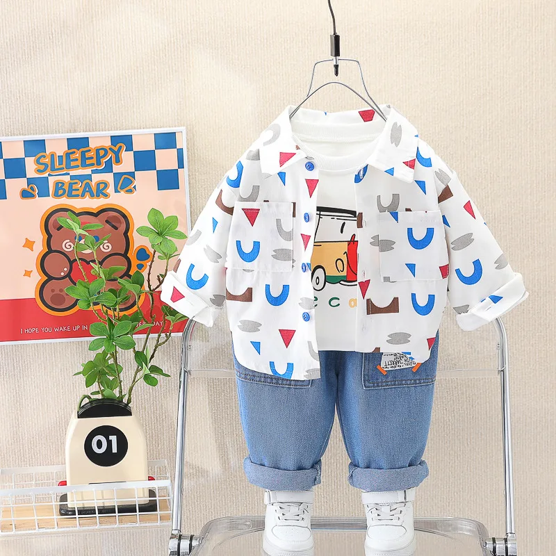 Baby Boys Coats T Shirt Jeans 3 Pcs Suit 2023 Autumn Toddler Children Clothing Sets Cartoon Kids Casual Clothes Infant Tracksuit