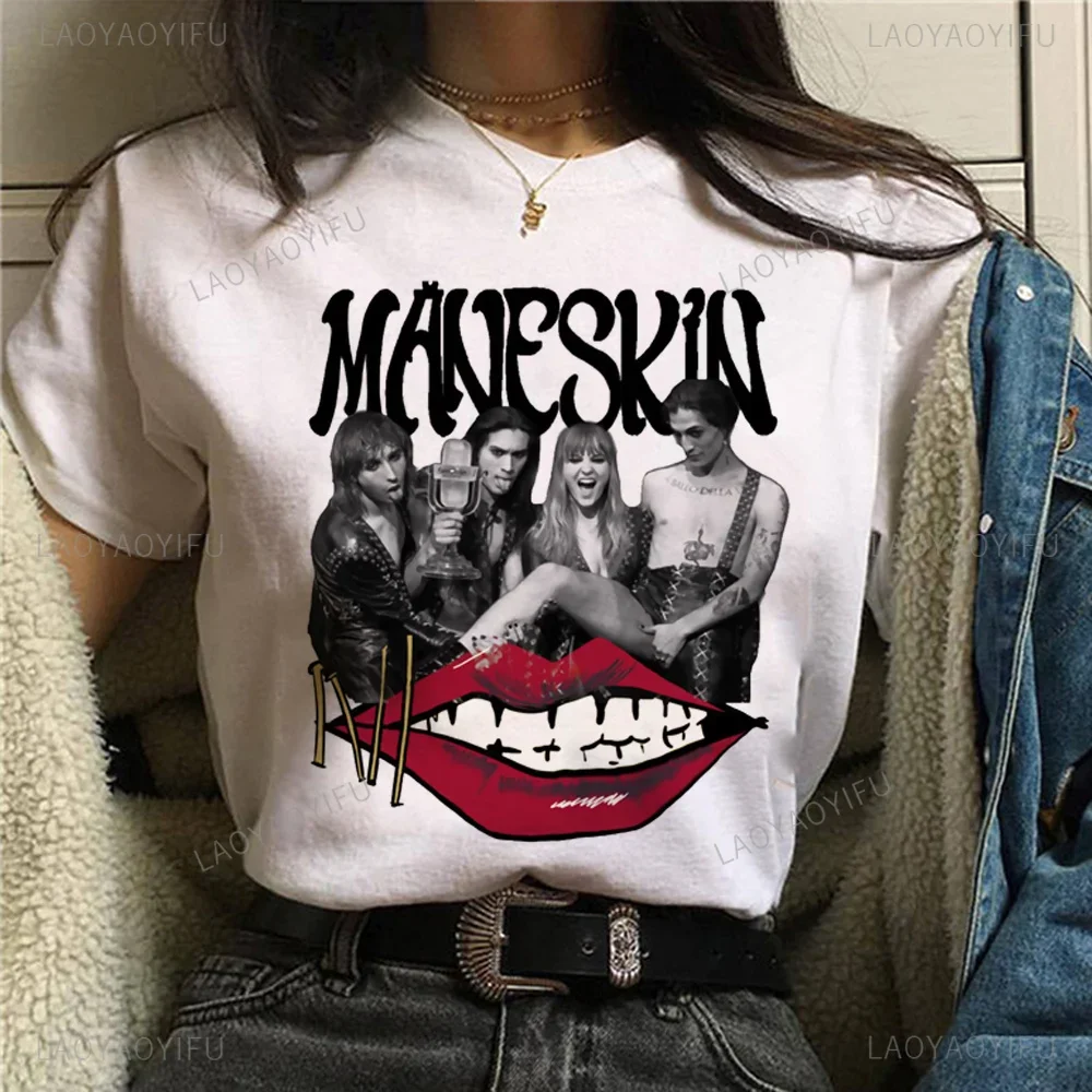 

2024 New Maneskin T Shirt Women Funny Comic Y2K Cotton Tshirt Fashion Personality Female Designer Summer Short-sleev Clothing