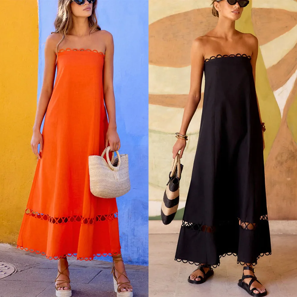 Women's Sleeveless Dress, Solid Lace Trim Long Dresses, Fashion Jumpsuit Playsuit for Spring Summer