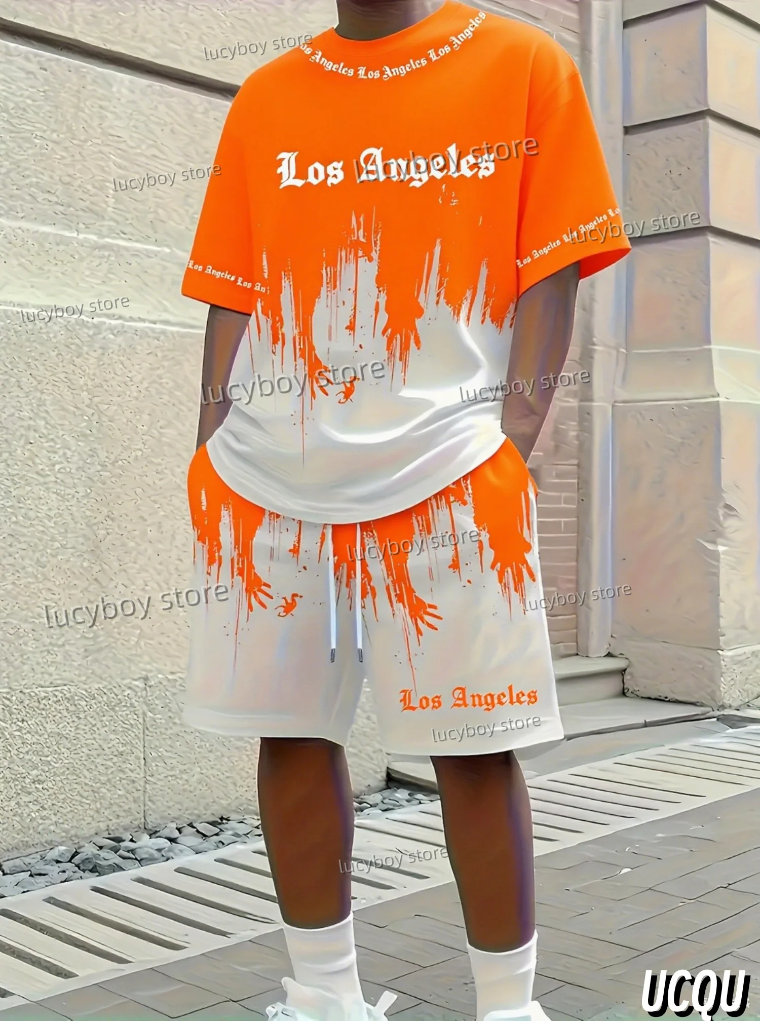 Summer Los Angeles Letter 3D Graffiti Pattern Men's Suit 2 Pieces Set Casual Suit Sports Set Men's Tracksuit Oversized Clothes